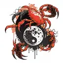 a broken full moon merged with a Yin Yang symbol, a crab fighting two snakes with exposed bones,  waves below.  tattoo design idea