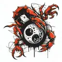 a broken full moon merged with a Yin Yang symbol, a crab fighting two snakes with exposed bones,  waves below.  tattoo design idea