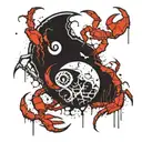 a broken full moon merged with a Yin Yang symbol, a crab fighting two snakes with exposed bones,  waves below.  tattoo design idea