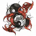 a broken full moon merged with a Yin Yang symbol, a crab fighting two snakes with exposed bones,  waves below.  tattoo design idea