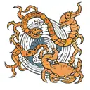 a broken full moon merged with a Yin Yang symbol, a crab fighting two snakes with exposed bones,  waves below.  tattoo design idea