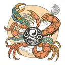 a broken full moon merged with a Yin Yang symbol, a crab fighting two snakes with exposed bones,  waves below.  tattoo design idea