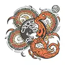 a broken full moon merged with a Yin Yang symbol, a crab fighting two snakes with exposed bones,  waves below.  tattoo design idea