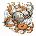 a broken full moon merged with a Yin Yang symbol, a crab fighting two snakes with exposed bones,  waves below.  tattoo design idea