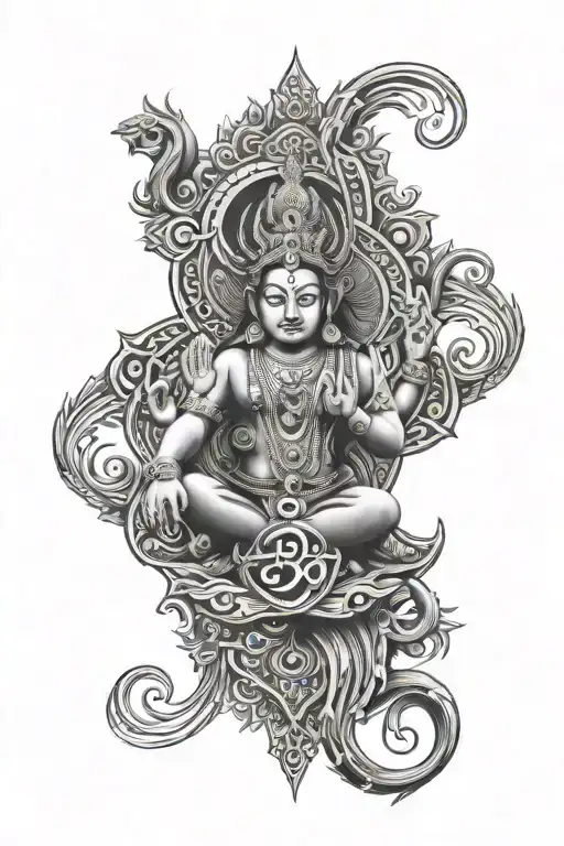 hindu tattoo with an om, shiva, brahma, vishnu mahesh symbol tattoo design idea