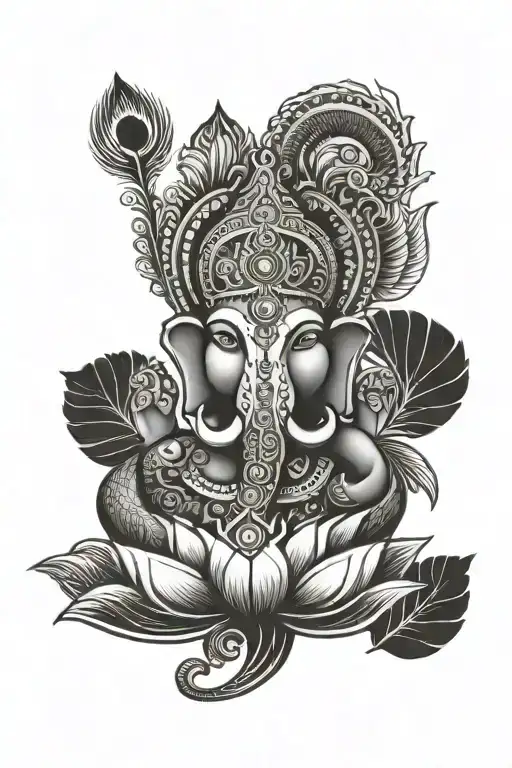 hindu tattoo with an om, ganesh, peacock feather  and trishul tattoo design idea