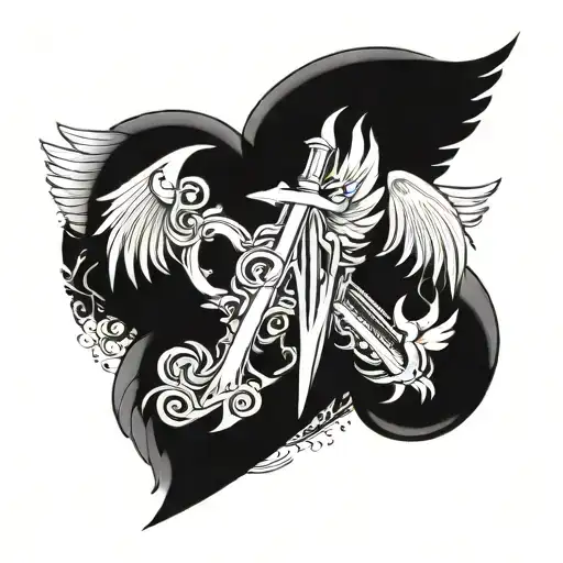 letter M in the shape of a sword, letter A in the shape of a heart, letter D with angel wings tattoo design idea