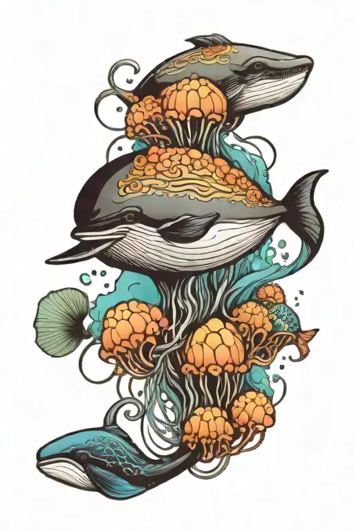 whale and sea jellyfish tattoo design idea