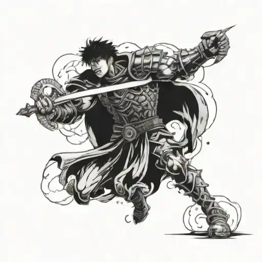 Incorporate Guts from Berserk in a fierce battle scene tattoo design idea
