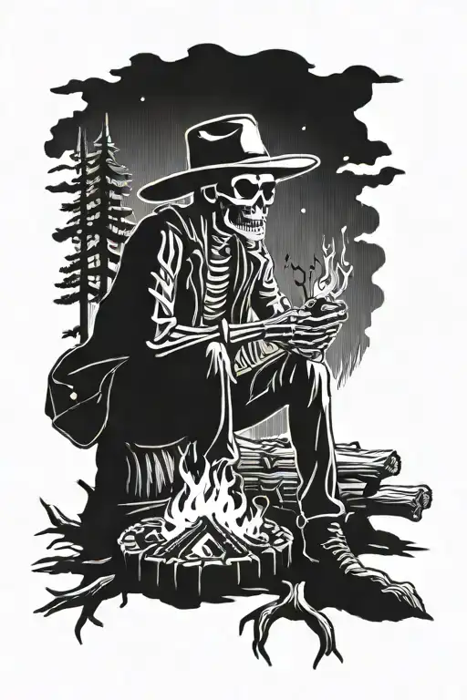 skeleton cowboy sitting on a log in front of campfire   tattoo design idea
