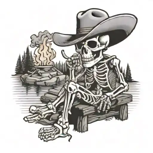 cowboy skeleton sitting on a log in front of camp fire  tattoo design idea