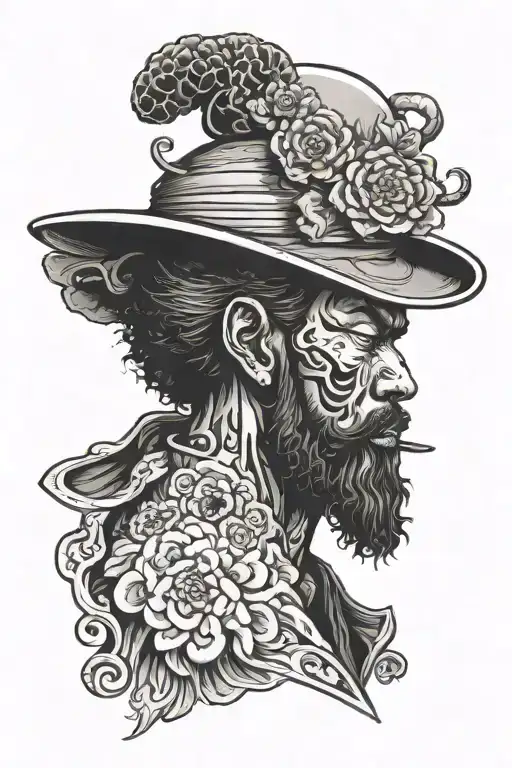 afro samurai with beard and hat that hides eyes tattoo design idea