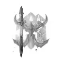 symmetrical longsword with old booksites flying all over tattoo design idea