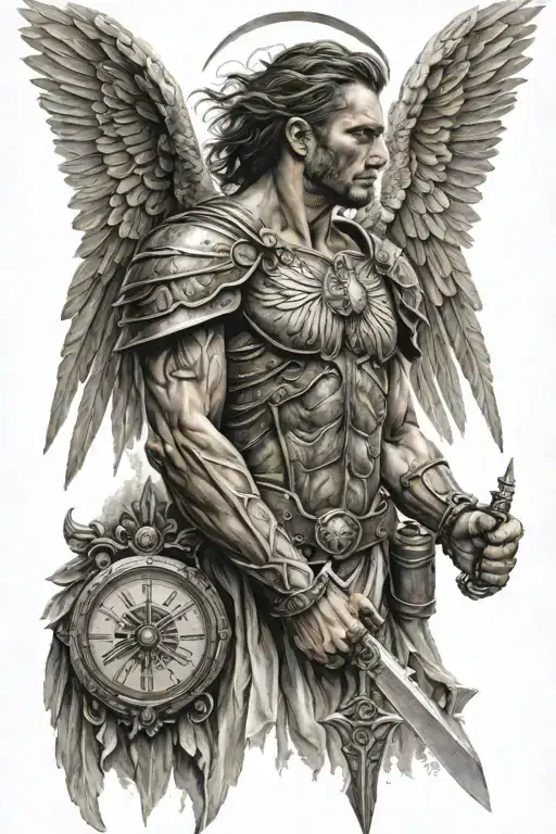 watch and angel wings warrior tattoo design idea