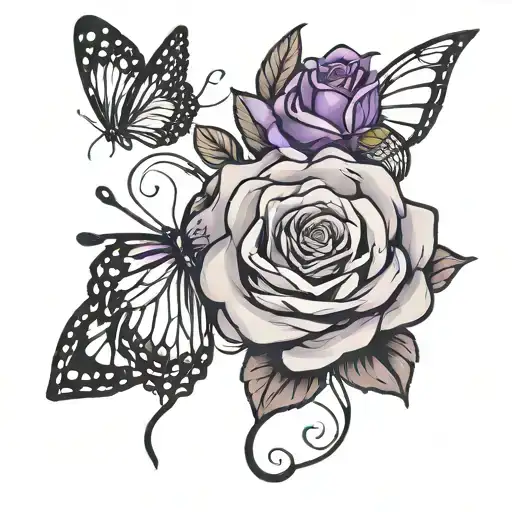 gray and black rose, purple butterfly, music notes  tattoo design idea