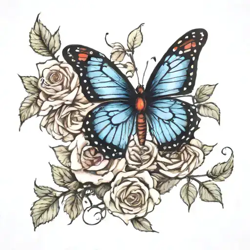 leafless tree, butterfly, roses  tattoo design idea