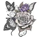 gray and black rose, purple butterfly, music notes  tattoo design idea