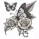 gray and black rose, purple butterfly, music notes  tattoo design idea