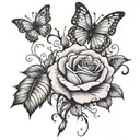gray and black rose, purple butterfly, music notes  tattoo design idea