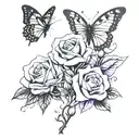 gray and black rose, purple butterfly, music notes  tattoo design idea
