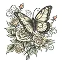 leafless tree, butterfly, roses  tattoo design idea