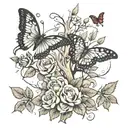 leafless tree, butterfly, roses  tattoo design idea