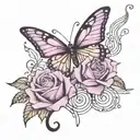 rose, purple butterfly, music notes floating tattoo design idea
