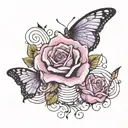 rose, purple butterfly, music notes floating tattoo design idea