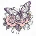 rose, purple butterfly, music notes floating tattoo design idea