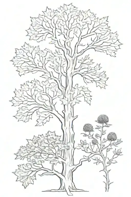 Three black and white plants on a timeline: Oak tree at the bottom, then Thistle, then Evergreen on top  tattoo design idea