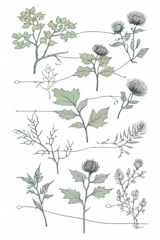 Three plants on a timeline: Oak tree, Thistle, Evergreen tattoo design idea