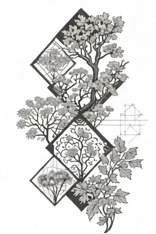 Three separated black and white plants on a timeline: Oak tree at the bottom, then Thistle, then Evergreen on top  tattoo design idea