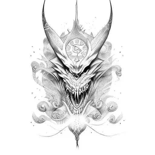 Create a tattoo design with bold, dark lines and intricate details, highlighting the monster's intelligence and power. tattoo design idea