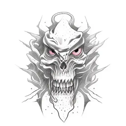 Create a tattoo design with bold, dark lines and intricate details, highlighting the monster's intelligence and power. tattoo design idea