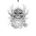 Create a tattoo design with bold, dark lines and intricate details, highlighting the monster's intelligence and power. tattoo design idea