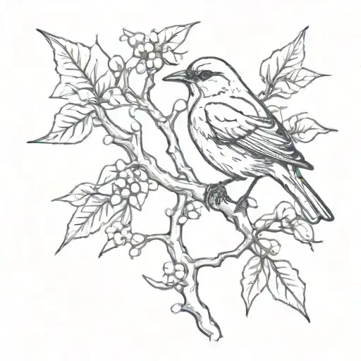 blackthorn with a small bird, thin lines tattoo design idea