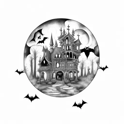 A gothic Halloween decor piece featuring a haunted house on a mountain peak, surrounded by bats tattoo design idea