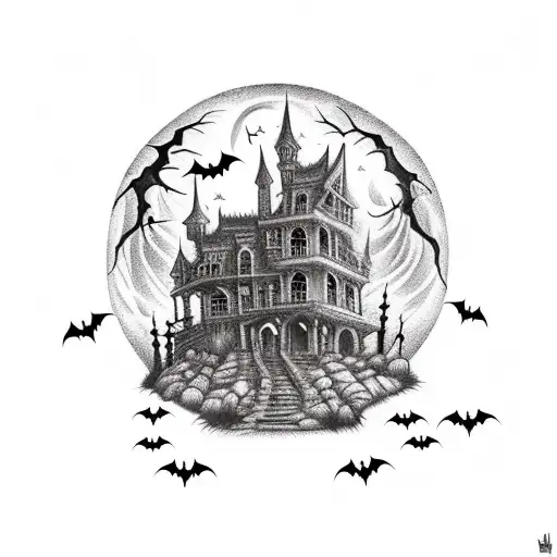 A gothic Halloween decor piece featuring a haunted house on a mountain peak, surrounded by bats tattoo design idea