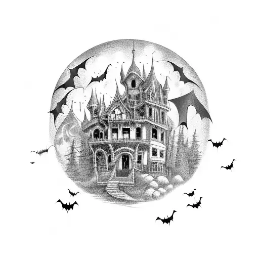 A gothic Halloween decor piece featuring a haunted house on a mountain peak, surrounded by bats tattoo design idea