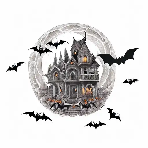 A gothic Halloween decor piece featuring a haunted house on a mountain peak, surrounded by bats tattoo design idea