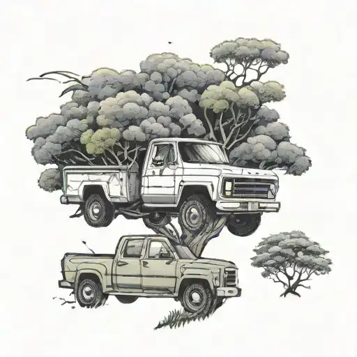 A truck parked under a tree during a rainstorm, capturing the tranquility of the moment and the client's favorite things tattoo design idea