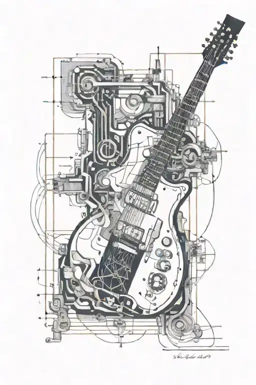 An intricate architectural blueprint intertwined with guitar strings tattoo design idea