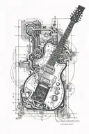 An intricate architectural blueprint intertwined with guitar strings tattoo design idea
