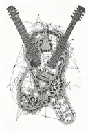 An intricate architectural blueprint intertwined with guitar strings tattoo design idea