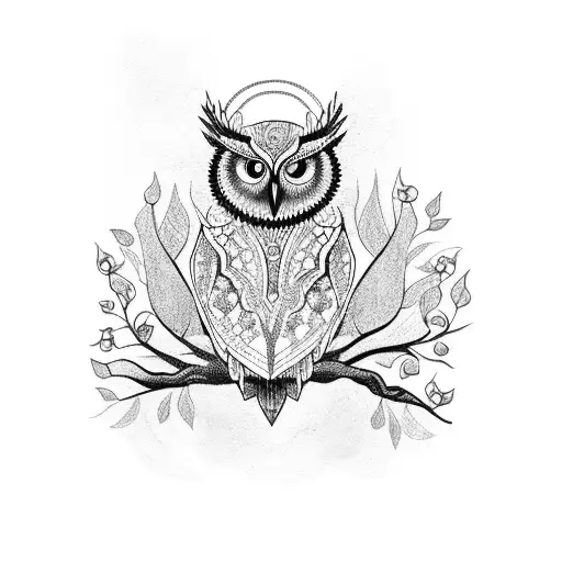 A blackwork tattoo of a wise owl perched on a branch, surrounded by intricate botanical elements tattoo design idea