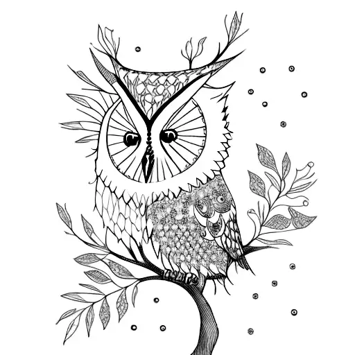 A blackwork tattoo of a wise owl perched on a branch, surrounded by intricate botanical elements tattoo design idea