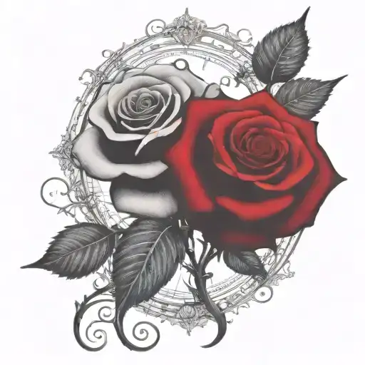 two rose wrapped one black one red circle in background  tattoo design idea