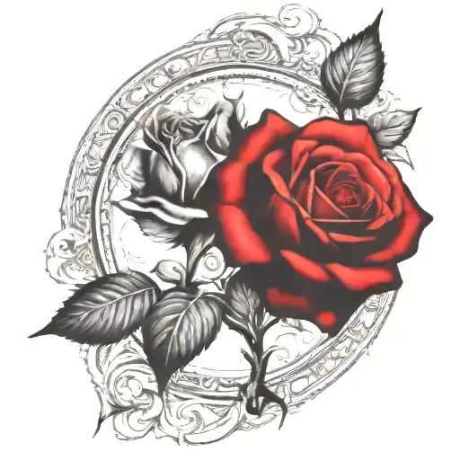 two rose wrapped, one black one red, circle in background  tattoo design idea