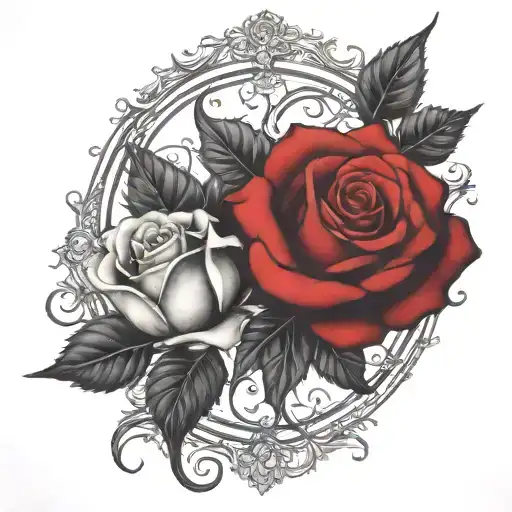 two roses wrapped, one black one red, circle in background  tattoo design idea