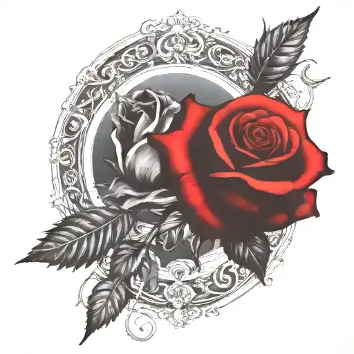 two rose wrapped, one black one red, circle in background  tattoo design idea